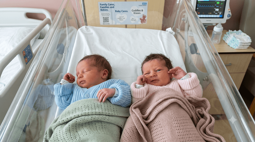 Two newborn identical twins bundled up in a cot